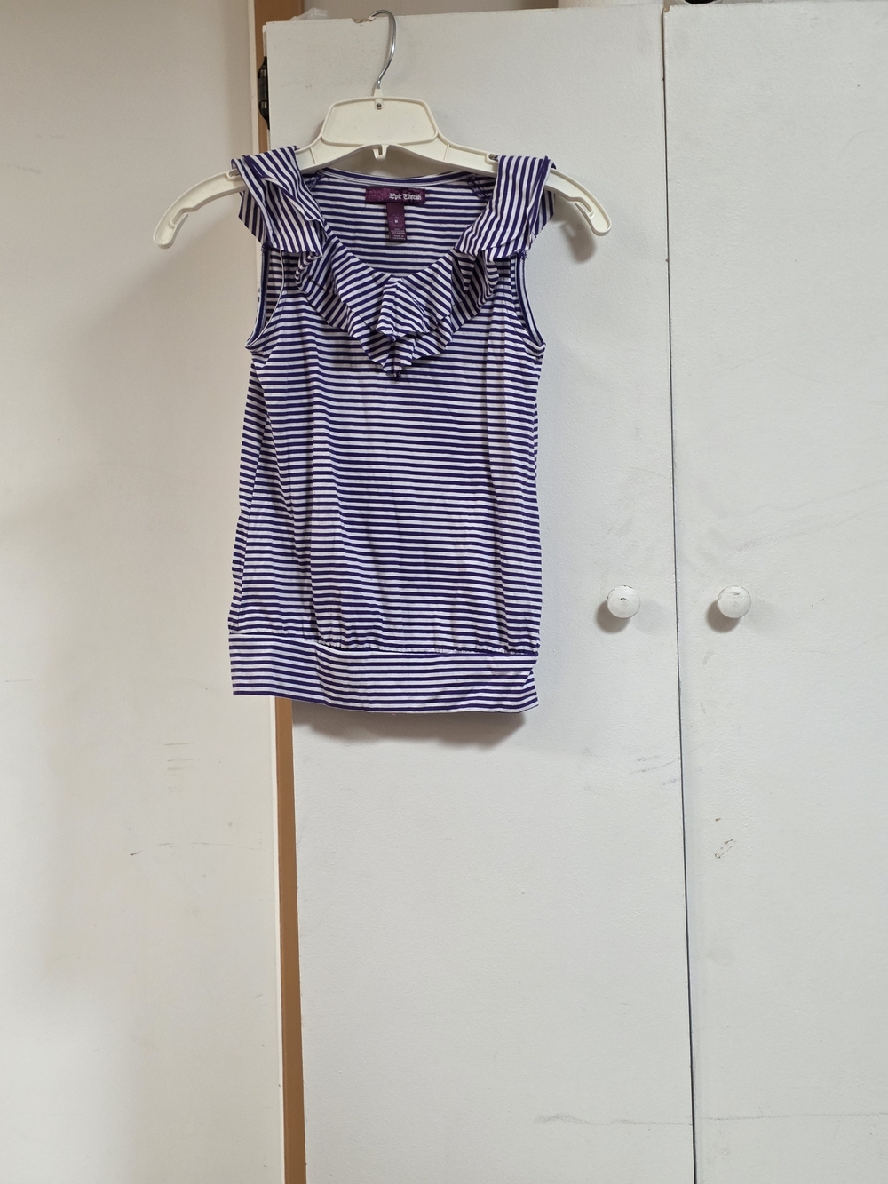 Epic Threads Purple and White Striped Ruffle Tank Top